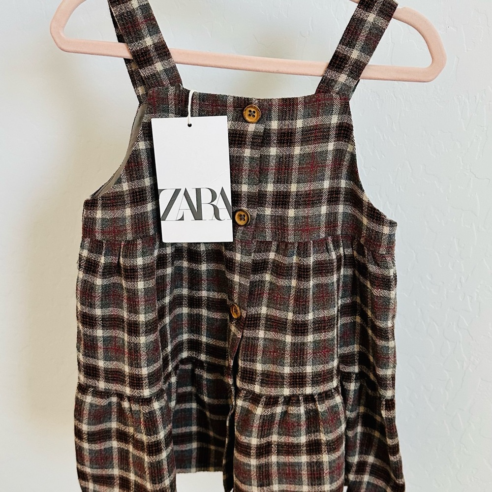 Zara Red and Gray Casual Dress with Square Neckline